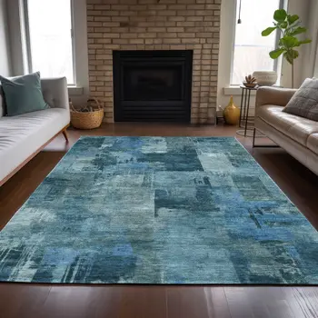 10' X 14' Blue And Ivory Abstract Washable Indoor Outdoor Area Rug
