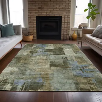 3' X 5' Green Gray And Sky Blue Abstract Washable Indoor Outdoor Area Rug
