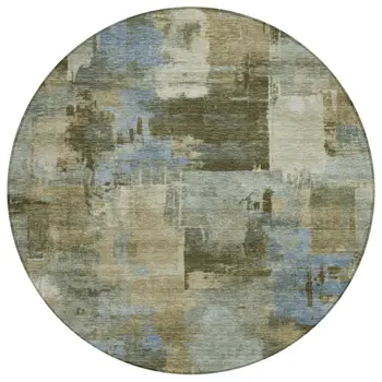 8' Green Gray And Sky Blue Round Abstract Washable Indoor Outdoor Area Rug