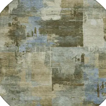 8' Green Gray And Sky Blue Round Abstract Washable Indoor Outdoor Area Rug