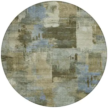 8' Green Gray And Sky Blue Round Abstract Washable Indoor Outdoor Area Rug