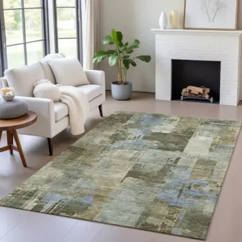 9' X 12' Green Gray And Sky Blue Abstract Washable Indoor Outdoor Area Rug