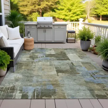 10' X 14' Green Gray And Sky Blue Abstract Washable Indoor Outdoor Area Rug