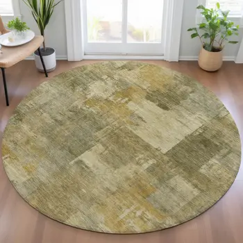 8' Khaki Beige And Wheat Round Abstract Washable Indoor Outdoor Area Rug