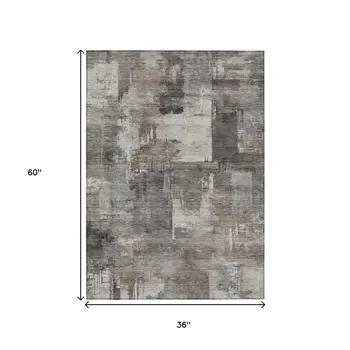 3' X 5' Pewter Khaki And Charcoal Abstract Washable Indoor Outdoor Area Rug