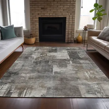 3' X 5' Pewter Khaki And Charcoal Abstract Washable Indoor Outdoor Area Rug