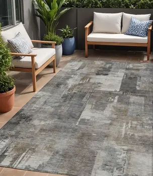 5' X 8' Pewter Khaki And Charcoal Abstract Washable Indoor Outdoor Area Rug