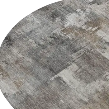 8' Pewter Khaki And Charcoal Round Abstract Washable Indoor Outdoor Area Rug