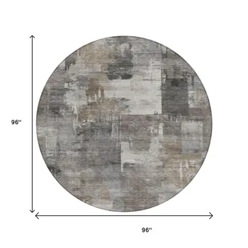 8' Pewter Khaki And Charcoal Round Abstract Washable Indoor Outdoor Area Rug