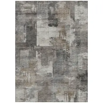 9' X 12' Pewter Khaki And Charcoal Abstract Washable Indoor Outdoor Area Rug