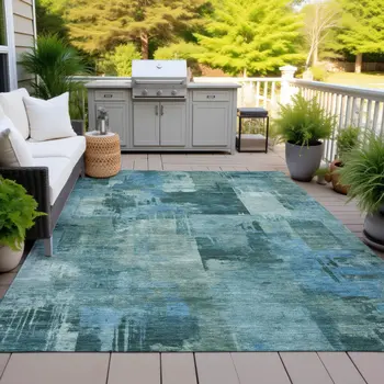 5' X 8' Teal Blue And Pale Aqua Abstract Washable Indoor Outdoor Area Rug
