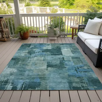 5' X 8' Teal Blue And Pale Aqua Abstract Washable Indoor Outdoor Area Rug