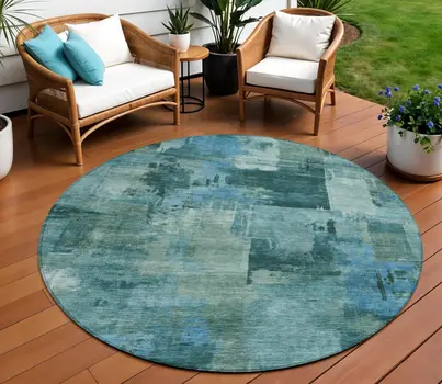 8' Teal Blue And Pale Aqua Round Abstract Washable Indoor Outdoor Area Rug