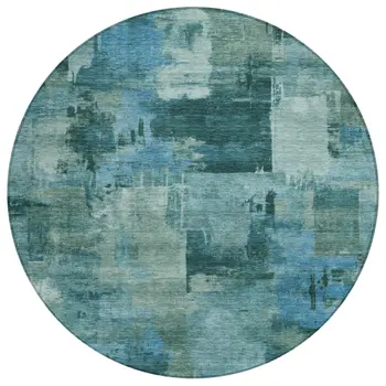 8' Teal Blue And Pale Aqua Round Abstract Washable Indoor Outdoor Area Rug