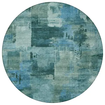 8' Teal Blue And Pale Aqua Round Abstract Washable Indoor Outdoor Area Rug