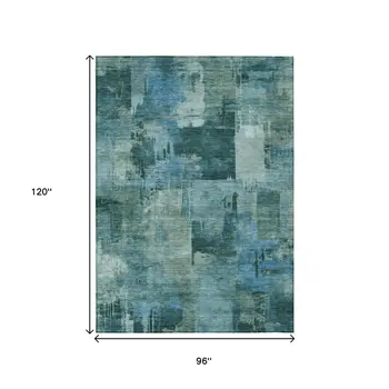 8' X 10' Teal Blue And Pale Aqua Abstract Washable Indoor Outdoor Area Rug