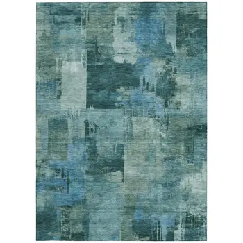8' X 10' Teal Blue And Pale Aqua Abstract Washable Indoor Outdoor Area Rug