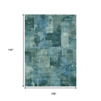 9' X 12' Teal Blue And Pale Aqua Abstract Washable Indoor Outdoor Area Rug