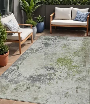 5' X 8' Linen Fern Green And Beige Abstract Washable Indoor Outdoor Area Rug