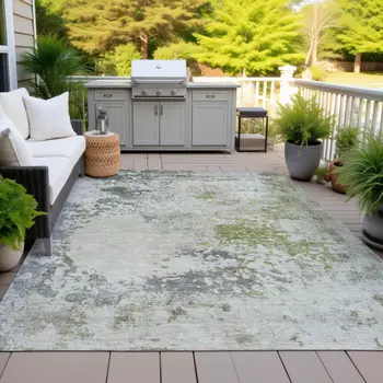 5' X 8' Linen Fern Green And Beige Abstract Washable Indoor Outdoor Area Rug