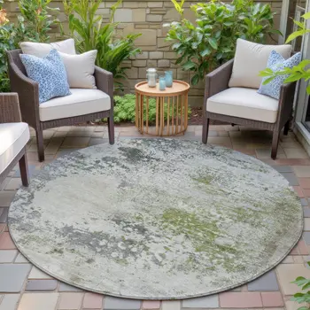 8' Linen Fern Green And Beige Round Abstract Washable Indoor Outdoor Area Rug
