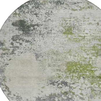 8' Linen Fern Green And Beige Round Abstract Washable Indoor Outdoor Area Rug