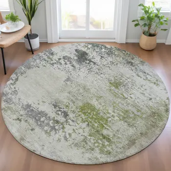 8' Linen Fern Green And Beige Round Abstract Washable Indoor Outdoor Area Rug