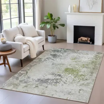 8' X 10' Linen Fern Green And Beige Abstract Washable Indoor Outdoor Area Rug