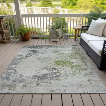 9' X 12' Linen Fern Green And Beige Abstract Washable Indoor Outdoor Area Rug