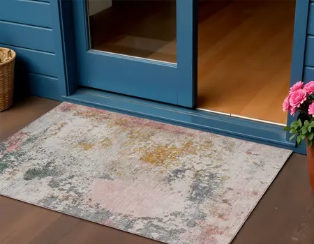 3' X 5' Pink Charcoal And Copper Abstract Washable Indoor Outdoor Area Rug