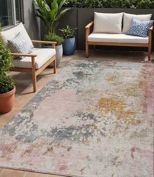 5' X 8' Pink Charcoal And Copper Abstract Washable Indoor Outdoor Area Rug
