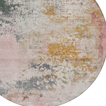 8' Pink Charcoal And Copper Round Abstract Washable Indoor Outdoor Area Rug