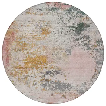 8' Pink Charcoal And Copper Round Abstract Washable Indoor Outdoor Area Rug