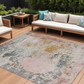 8' X 10' Pink Charcoal And Copper Abstract Washable Indoor Outdoor Area Rug