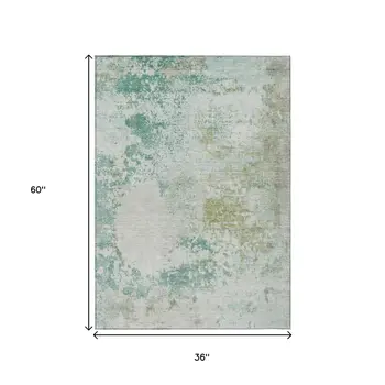 3' X 5' Beige Teal Blue And Ivory Abstract Washable Indoor Outdoor Area Rug