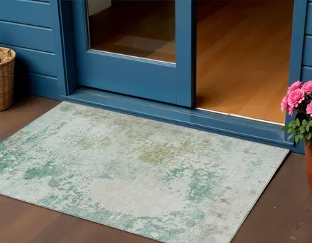 3' X 5' Beige Teal Blue And Ivory Abstract Washable Indoor Outdoor Area Rug