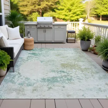3' X 5' Beige Teal Blue And Ivory Abstract Washable Indoor Outdoor Area Rug