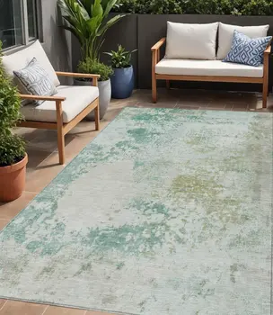 5' X 8' Beige Teal Blue And Ivory Abstract Washable Indoor Outdoor Area Rug