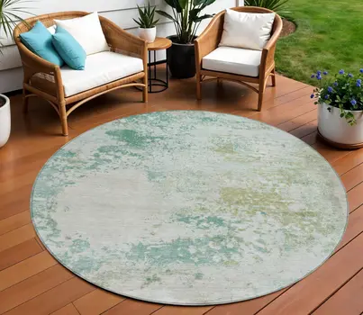 8' Beige Teal Blue And Ivory Round Abstract Washable Indoor Outdoor Area Rug