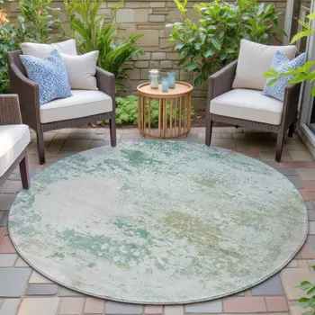 8' Beige Teal Blue And Ivory Round Abstract Washable Indoor Outdoor Area Rug