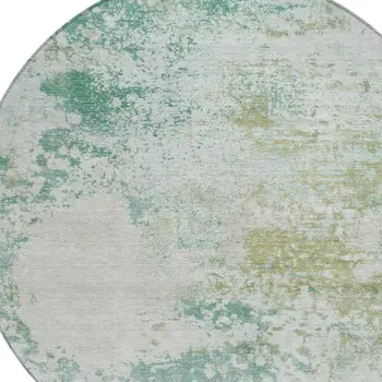 8' Beige Teal Blue And Ivory Round Abstract Washable Indoor Outdoor Area Rug
