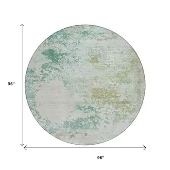 8' Beige Teal Blue And Ivory Round Abstract Washable Indoor Outdoor Area Rug