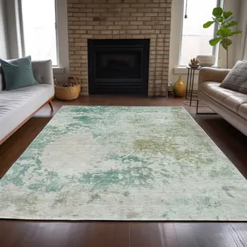 8' X 10' Beige Teal Blue And Ivory Abstract Washable Indoor Outdoor Area Rug