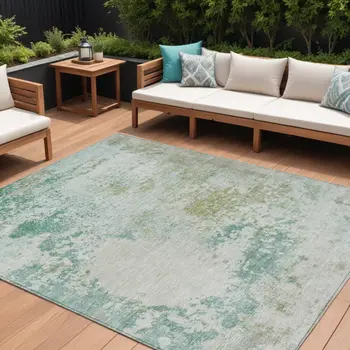 9' X 12' Beige Teal Blue And Ivory Abstract Washable Indoor Outdoor Area Rug