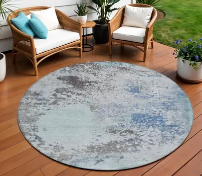 8' Turquoise Denim Blue And Gray Round Abstract Washable Indoor Outdoor Area Rug
