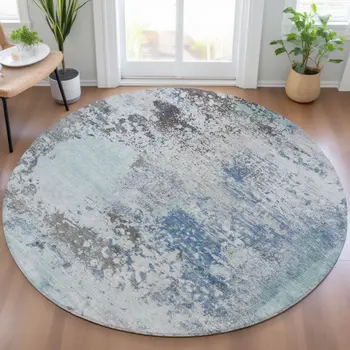 8' Turquoise Denim Blue And Gray Round Abstract Washable Indoor Outdoor Area Rug
