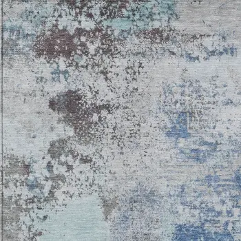 9' X 12' Turquoise Denim Blue And Gray Abstract Washable Indoor Outdoor Area Rug