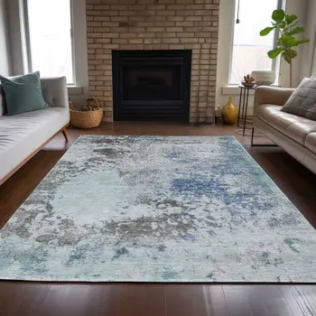 10' X 14' Turquoise Denim Blue And Gray Abstract Washable Indoor Outdoor Area Rug