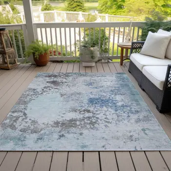 10' X 14' Turquoise Denim Blue And Gray Abstract Washable Indoor Outdoor Area Rug