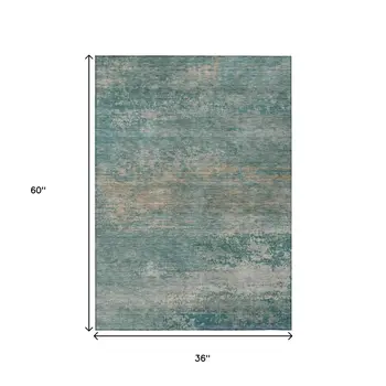 3' X 5' Aqua And Beige Abstract Washable Indoor Outdoor Area Rug